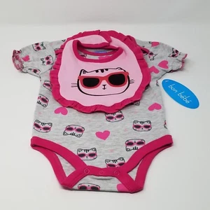 NWT New Bon Bebe Girls Bodysuit & Bib Pink Gray Cat Sunglasses Size 6-9 Months - Picture 1 of 4