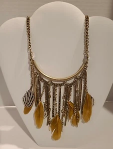 NEW Boho Bohemian Feather Bib Necklace Gold Tone With Rhinestone Accents - Picture 1 of 1