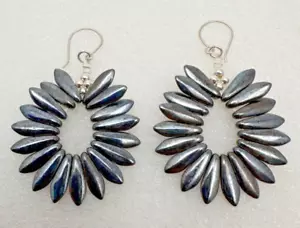 Sterling Silver .925 Hematite Color Czech Glass 1 3/4" x 2 1/2" Dangle Earrings - Picture 1 of 5