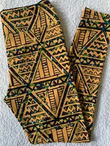 Lularoe Leggings TC Golden Yellow Green Teal Burgundy Black Aztec Triangles VTG - Picture 1 of 4