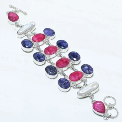 Rubin, Saphir, Biwa-See Perle Handgemacht Silber Schmuck Big Armband 17.8-20.3cm - Bild 1 von 2