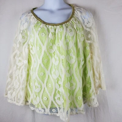 Blusa Lane Bryant 18/20 Encaje Fluido Top Brazos Transparentes Cuello Cuentas Doradas Coqueta Nueva con Etiquetas Foto 1 de 4