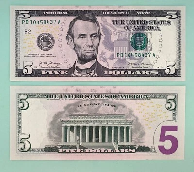 (2) CONSECUTIVE 2017 A $5.00 FEDERAL RESERVE NOTES OFFSET INK TRANSFER ERRORS #2 - Image 1 of 4