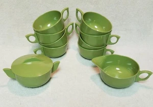 5.25.13) Juego de platos de plástico verde de colección tazas crema de azúcar 10 piezas tazas vajilla retro - Imagen 1 de 6