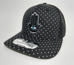 Spiritual Hamsa Hand 3rd Eye 3D Embroidered Polka Dot Mesh Trucker Hat Blk & Wht - Picture 1 of 7