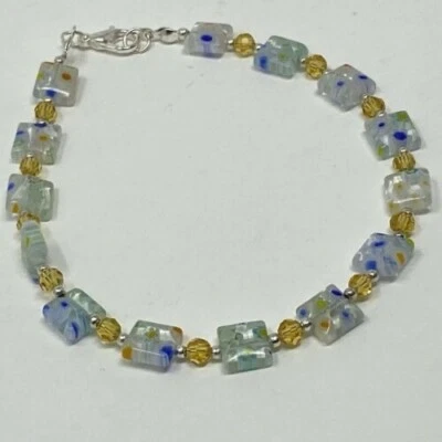 Handmade Anklet Millefiori Square Glass Beads with Yellow Faceted Round Beads - Image 1 of 4