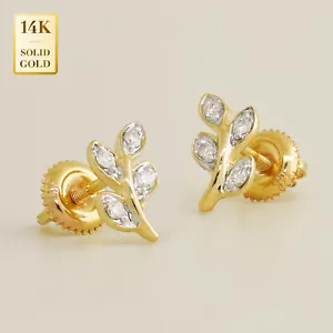 14K Real Sold Gold Diamond Olive Leaf Natural Diamond Stud Piercing Earrings - Picture 1 of 3