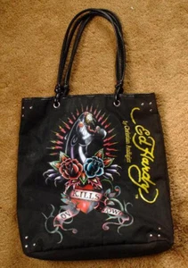 ED HARDY Love Kills Slowly BLACK PANTHER Tote Bag Purse ROSES black - Picture 1 of 2