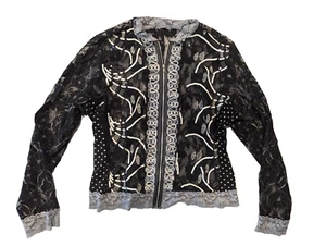 Piano Woman's Sheer Lace Shirt XL Full Zipper Long Sleeve Blouse Black Sequins - Picture 1 of 9