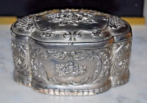 VINTAGE SILVER PLATE VICTORIAN ROMANTIC STYLE CANDY JEWELRY TABLE CABINET BOX - Picture 1 of 10