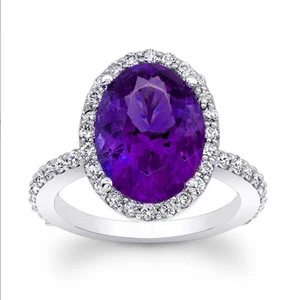 Anillo de diamantes de amatista natural de corte ovalado de 4,50 quilates de oro blanco macizo de 14 quilates talla 7 - Imagen 1 de 3