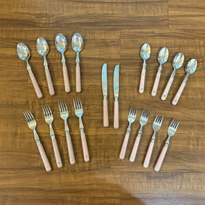 18 STÜCK - Estia Edelstahl Besteck rosa Griffe Kunststoff Mauve Korea LESEN - Bild 1 von 4