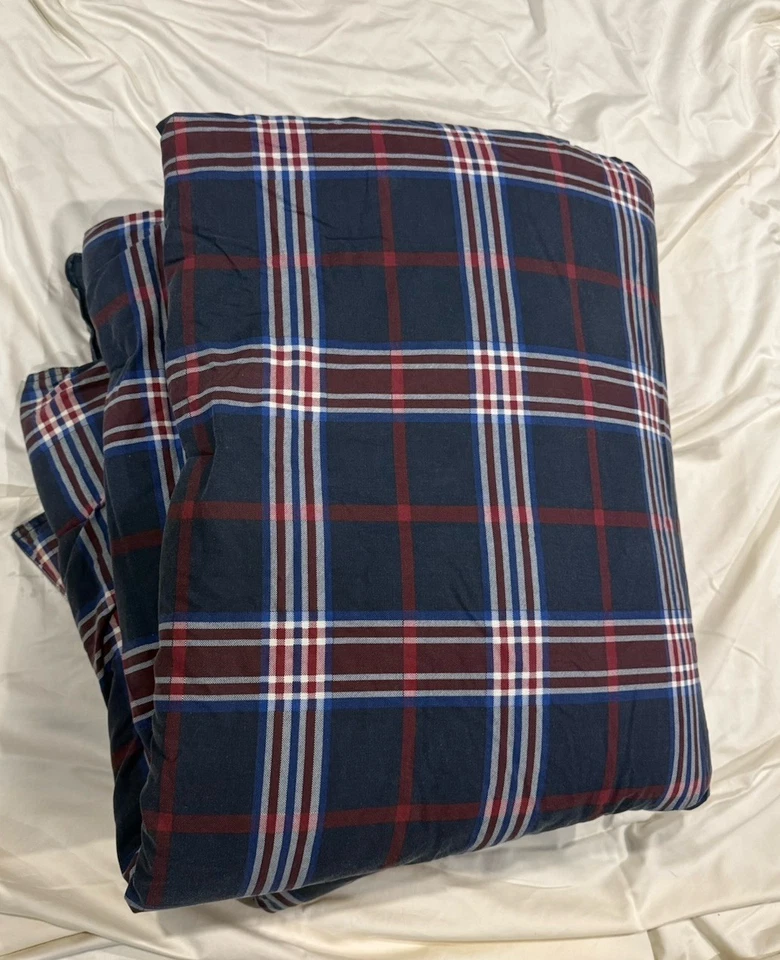 Plaid Twin Size Comforter Nautica Navy Blue Red Reversible 100% Cotton Blanket - Image 1 of 4