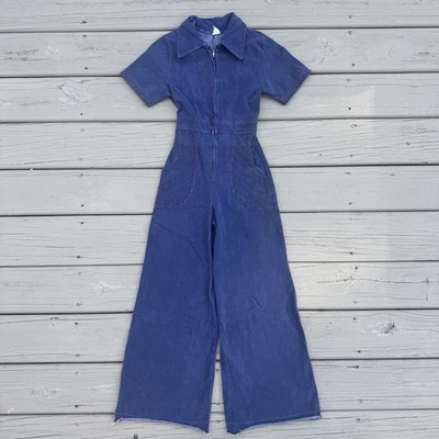 Vintage Denim Bell Bottom Jumpsuit 1970s Petite Women Flare Leg Blue Soft Cotton - Image 1 of 4
