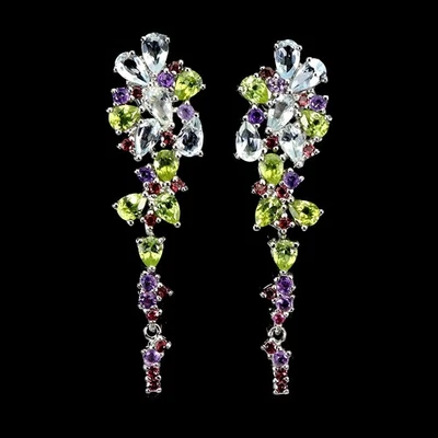 Orecchini in argento sterling 925 pera acquamarina peridoto granato gemma... - Immagine 1 di 4