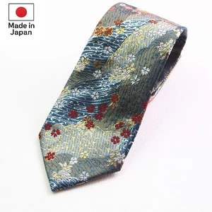 Japanese Kimono Fabric Necktie – Blue Kinran Sakura Wave Handmade in Japan - Picture 1 of 7