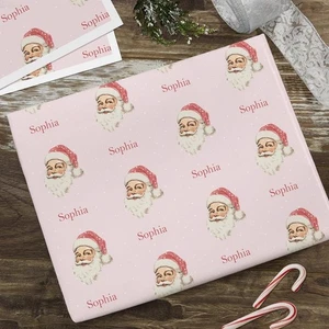 Papel de envolver personalizado vintage rosa de Papá Noel, nombre personalizado envoltura de regalo de vacaciones - Imagen 1 de 6