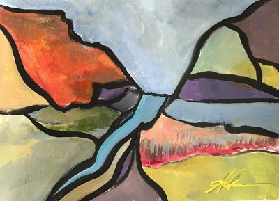 ABSTRACT CUBISM EXPRESSIONIST PAINTING VALLEY LANDSCAPE 9 X 12 SIGNED ORIGINAL - Image 1 of 4