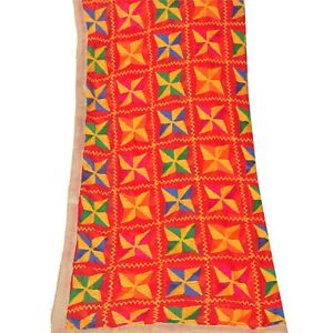 Tcw  Vintage Dupatta Long Stole Ooak Red Hand Embroidered Bagh Phulkari