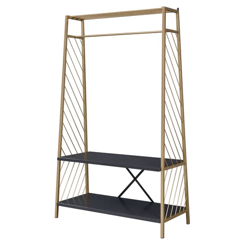 Hall Tree Gold/Black 2 Shelves 1 Hanging Rail Open Frame Indoor 37"W Cloth Rod Cover