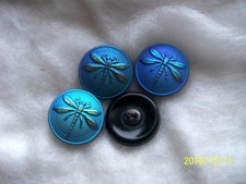 REDUCED CZECH GLASS BUTTONS (4 PCS) BLACK/AB FINISH( 18mm) DRAGONFLY **D 009s