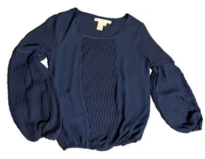 Studio M Blouse Womens Size XS Pleated & Embroidered Long Sleeve Top Navy - Picture 1 of 13
