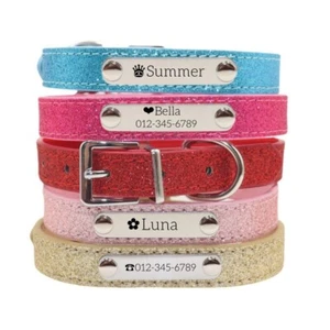 Collar Personalizado Perro Gato Grabado Nombre Pequeña Mascota Cachorro Bling Collar de Cuero - Imagen 1 de 13