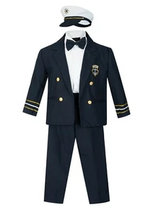 KIDS NAVY BLUE WHITE SAILOR CAPTAIN'S NAUTICAL PARTY WEDDING SUIT SET WITH HAT - Picture 1 of 6