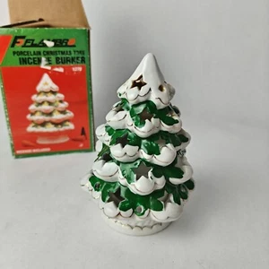 Vintage 1989 Flambr Porzellan Weihnachtsbaum Räuchergefäß grüner Baum weiß Schnee - Bild 1 von 13