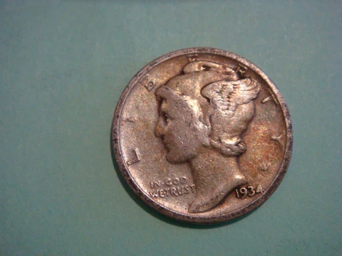 1934 D Mercury Dime - Fine, partial fasces lines, wing definition & rainbow Cover