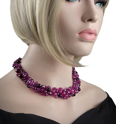 White House Black Market Fuchsia Pink Crystal Bead Fringe Cluster Necklace NWOT - Image 1 of 4