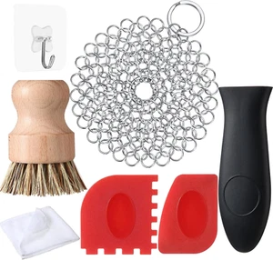 7 Pieces Cast Iron Cleaner Set Include Stainless Steel Chainmail Scrubber with B - Picture 1 of 6