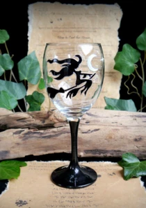 Hand Painted Flying Witch Wine Glass Chalice Moon Wicca Pagan Altar Yule Gift - Picture 1 of 7