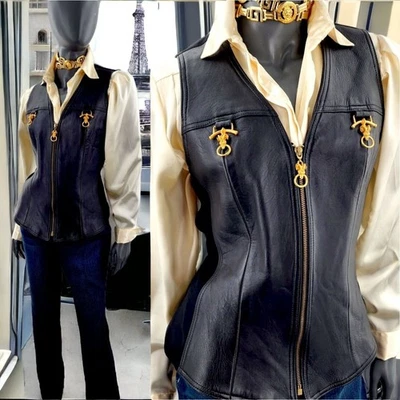 Chaleco de cuero negro Alberto Makali vintage de la década de 2000 • Herrajes dorados para cabeza de carnero • Cremallera F Foto 1 de 4