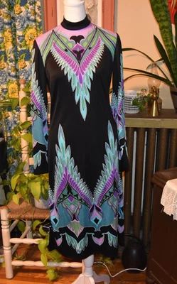 Vestido Nini Capucci Vintage Años 70 Negro Pavo Real Vestido París Talla Pequeña Foto 1 de 4