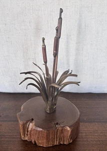 Vintage Signed Brutalist Metal Cattails Sculpture on Petrified Wood Base MCM - Picture 1 of 8