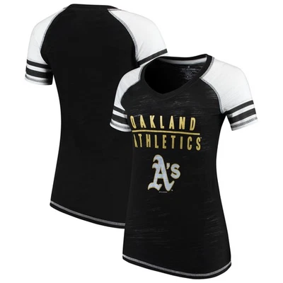 Женская футболка Soft as a Grape Black Oakland Athletics цветной блок с v-образным вырезом - Изображение 1 из 4