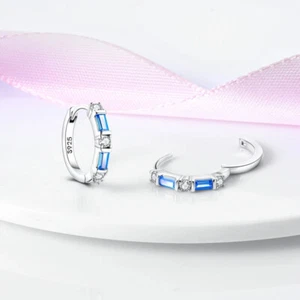 Blue Crystal Earrings Minimal Earrings 925 Sterling Silver Hoop Earrings - Picture 1 of 3