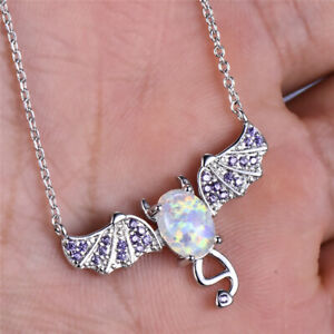 Fashion Lady Silver Bat White Simulated Opal Pendant Necklace Wedding Jewelry 