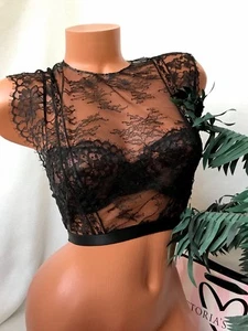 Victorias Secret Designer Collection High Neck Eyelash Black Bling Bra Crop Top - Picture 1 of 7