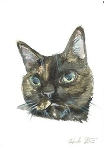 ACEO Original Aquarell Gemälde 2,5" x3,5" Schildkröte Shell Katze Haustier Porträt - Bild 1 von 2