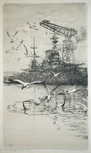 Antique Etching of WWI Battleship HMS Dreadnought w/ Birds, Sketches Verso - Picture 1 of 8