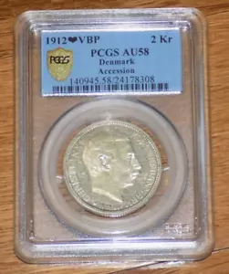 Denmark Christian X Accesson 2 Kroner 1912 VBP Copenhagen Silver PCGS AU 58 COIN - Picture 1 of 4