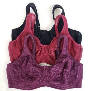 Breezies Bra 38D Lot of 3 Wild Rose Lace Seamless Underwire Unlined Red Black