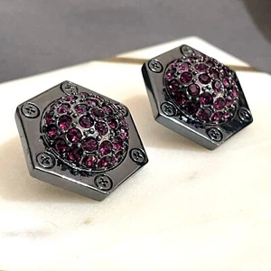 Mimco Earrings Purple Crystal Dark Gunmetal Grey Statement Screw Detai Hexagonal - Picture 1 of 10