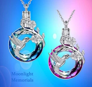 New Hummingbird Bird Flower Crystal Ashes Urn Cremation Memorial Necklace - Picture 1 of 6