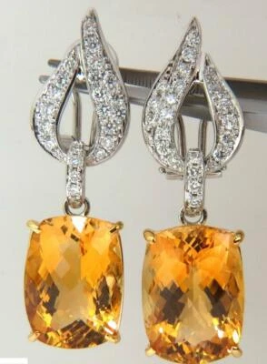 Pendientes colgantes de zafiro dorado de 26,85 quilates corte cojín con circonita cúbica blanca genuina para mujer Foto 1 de 4