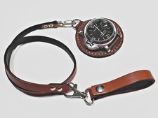BROWN GENUINE LEATHER POCKET WATCH HOLDER  FOR WATCH 44 MM.  LONG LEATHER STRAP