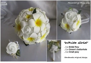 Wedding bridal bouquet set artificial frangipani & white roses 3 piece set - Picture 1 of 6