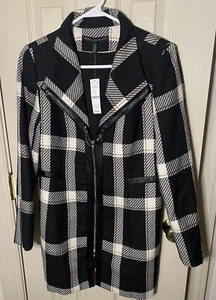 WHITE HOUSE BLACK MARKET Black/White Plaid Trench Wool Coat Zip-Up Small NWT - Picture 1 of 7